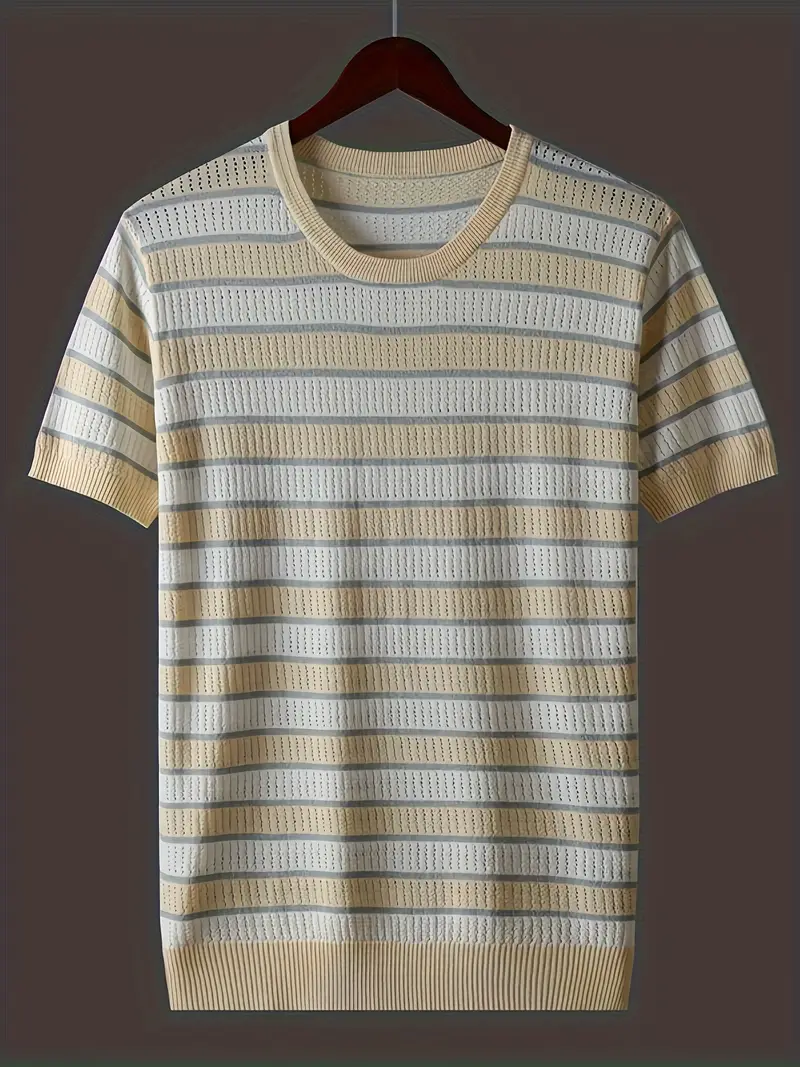 A men's t-shirt with horizontal stripes in bold and subtle shades, made from soft premium cotton with a classic crew neck and modern tailored fit.