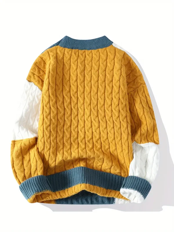 Men's mustard yellow, blue, and white mixed sweatshirt by Deutsch Kleid, featuring a relaxed fit and soft cotton blend.