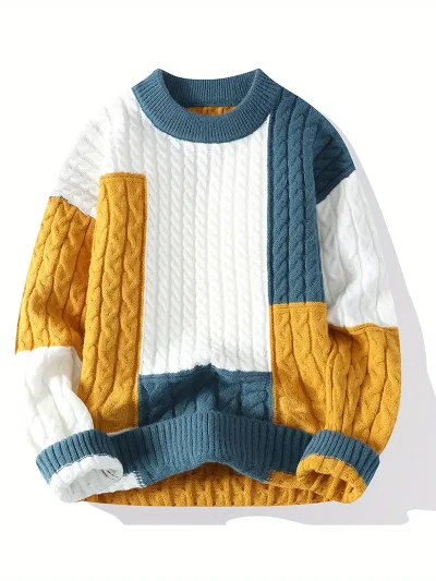 Men's mustard yellow, blue, and white mixed sweatshirt by Deutsch Kleid, featuring a relaxed fit and soft cotton blend.