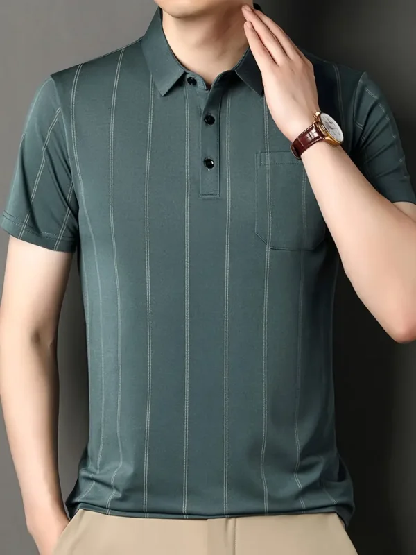 Men’s blue-green striped polo t-shirt with short sleeves and buttoned collar.