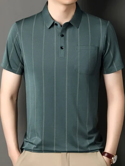 Men’s blue-green striped polo t-shirt with short sleeves and buttoned collar.