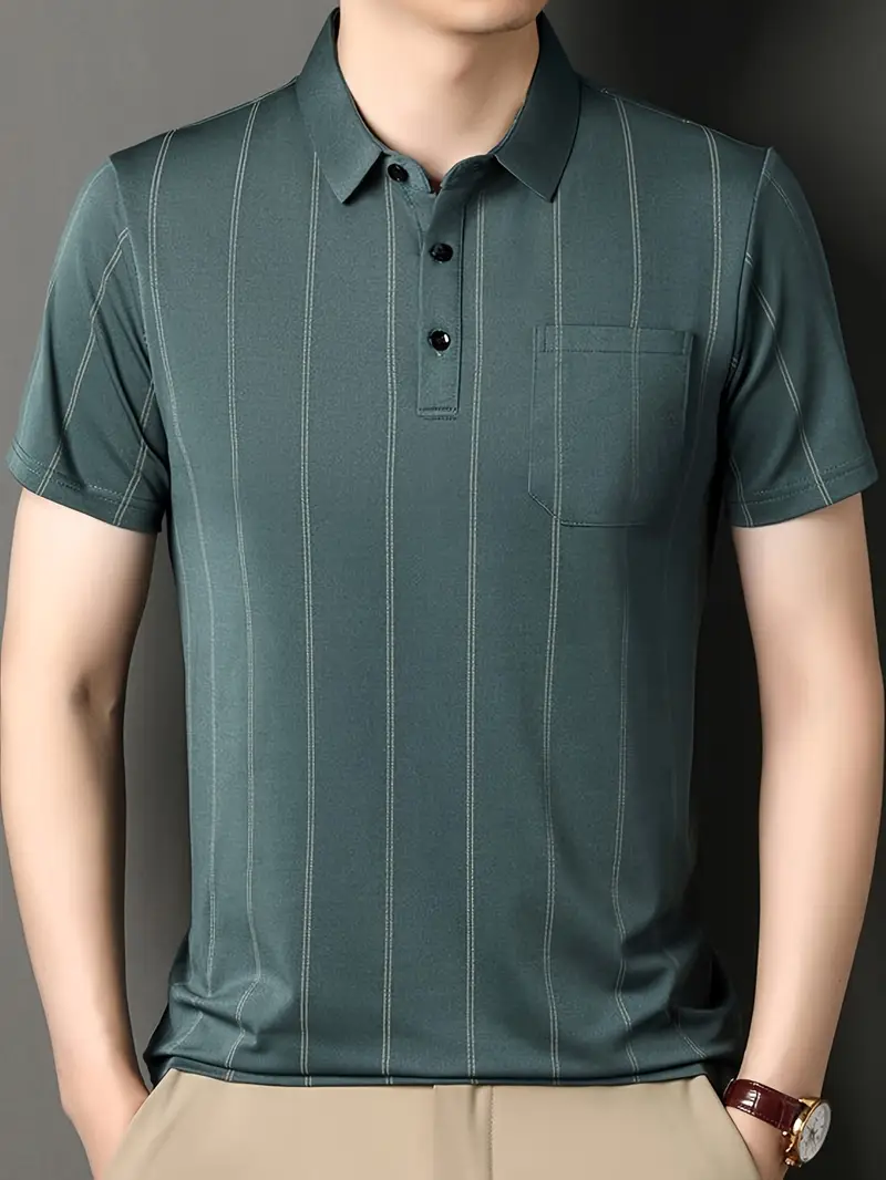 Men’s blue-green striped polo t-shirt with short sleeves and buttoned collar.