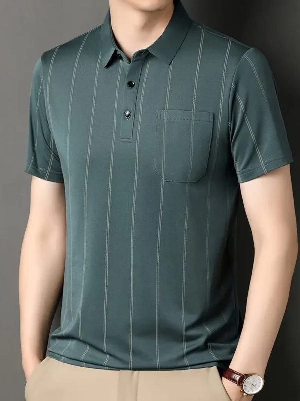 Men’s blue-green striped polo t-shirt with short sleeves and buttoned collar.