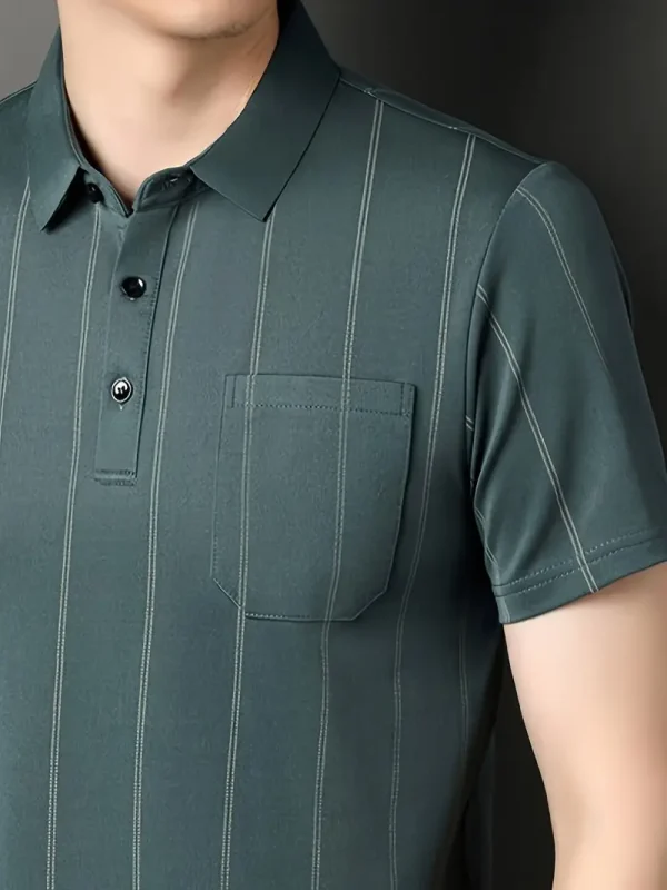 Men’s blue-green striped polo t-shirt with short sleeves and buttoned collar.
