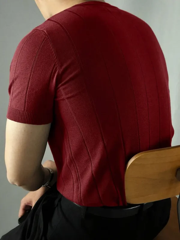 Men’s ribbed short-sleeve burgundy t-shirt with a crew neck and fitted design.