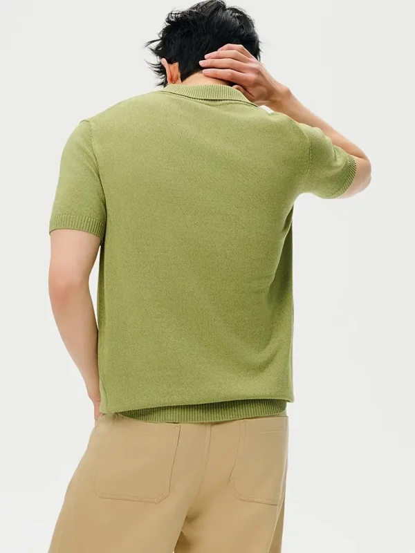 Matcha green polo t-shirt with classic collar and three-button placket.