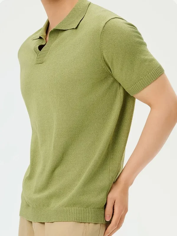 Matcha green polo t-shirt with classic collar and three-button placket.