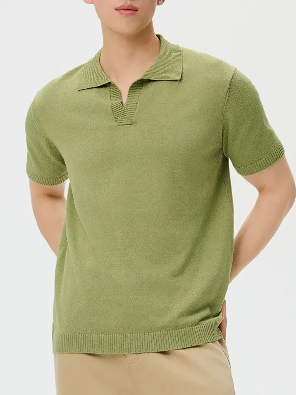 Matcha green polo t-shirt with classic collar and three-button placket.