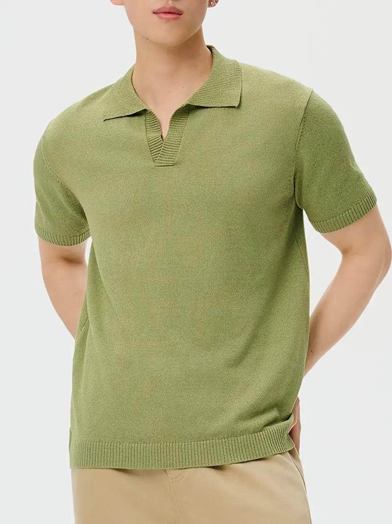 Matcha green polo t-shirt with classic collar and three-button placket.