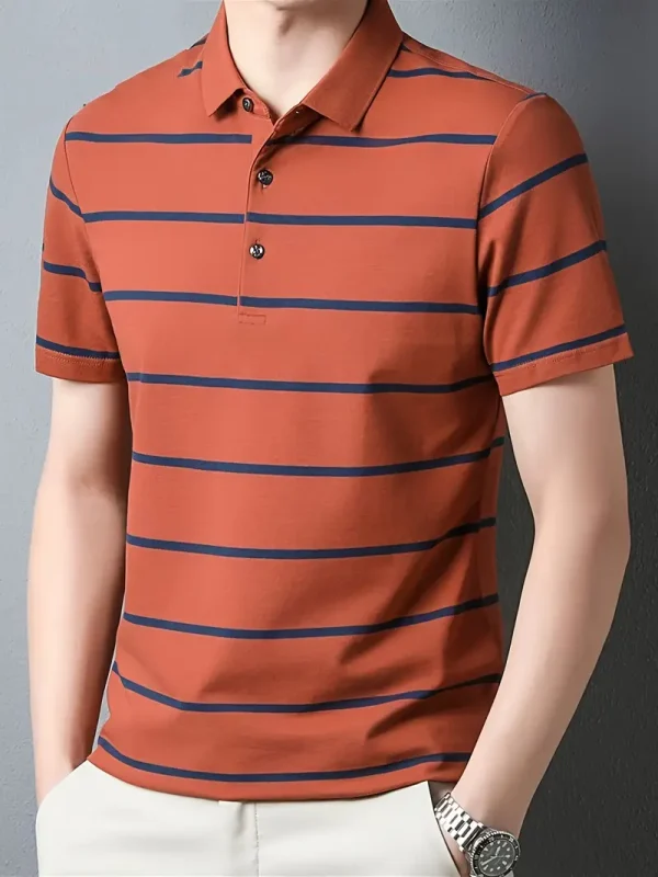 Tangerine red polo t-shirt with classic collar and three-button placket.