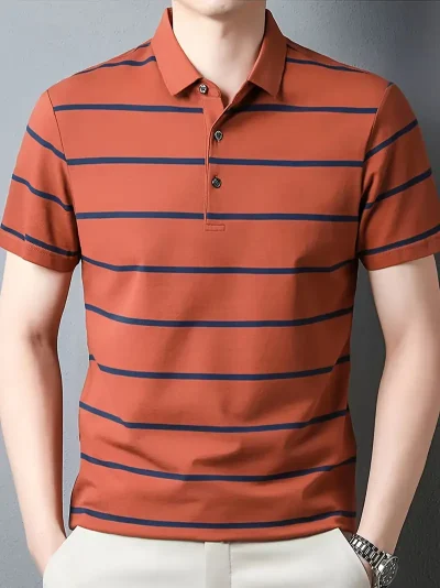 Tangerine red polo t-shirt with classic collar and three-button placket.