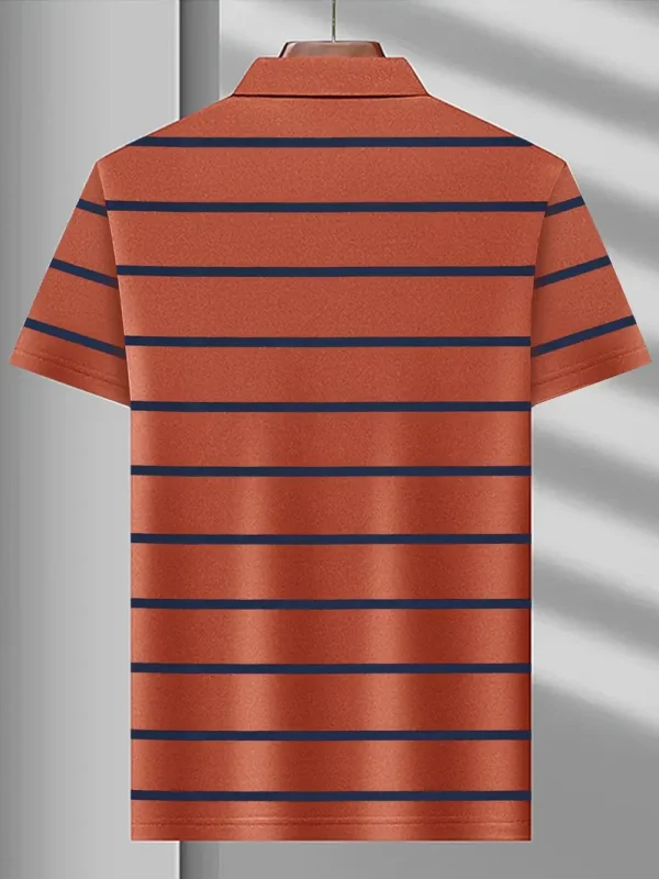 Tangerine red polo t-shirt with classic collar and three-button placket.