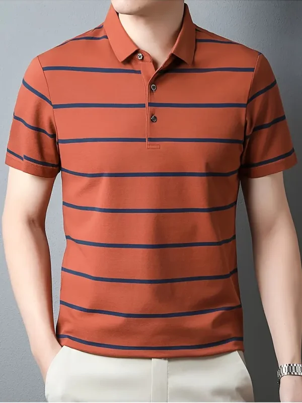 Tangerine red polo t-shirt with classic collar and three-button placket.