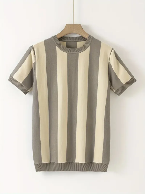 Men's striped t-shirt in grey and beige with ribbed crew neck and short sleeves.