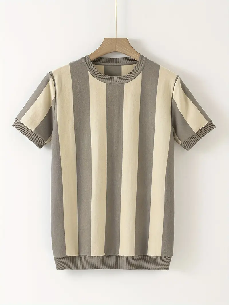 Men's striped t-shirt in grey and beige with ribbed crew neck and short sleeves.