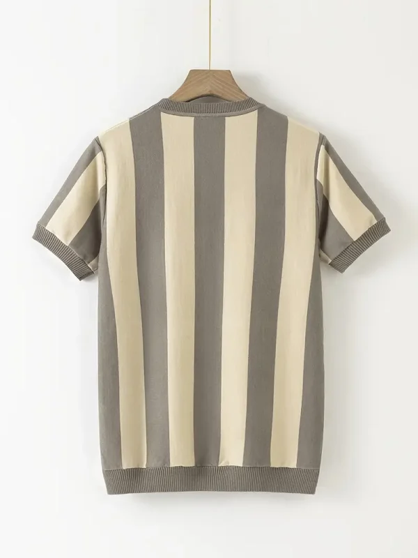 Men's striped t-shirt in grey and beige with ribbed crew neck and short sleeves.