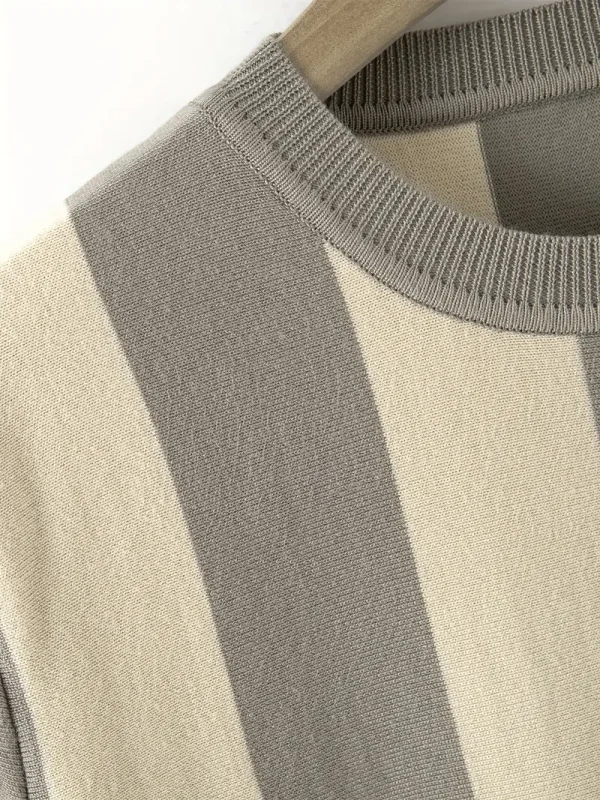 Men's striped t-shirt in grey and beige with ribbed crew neck and short sleeves.