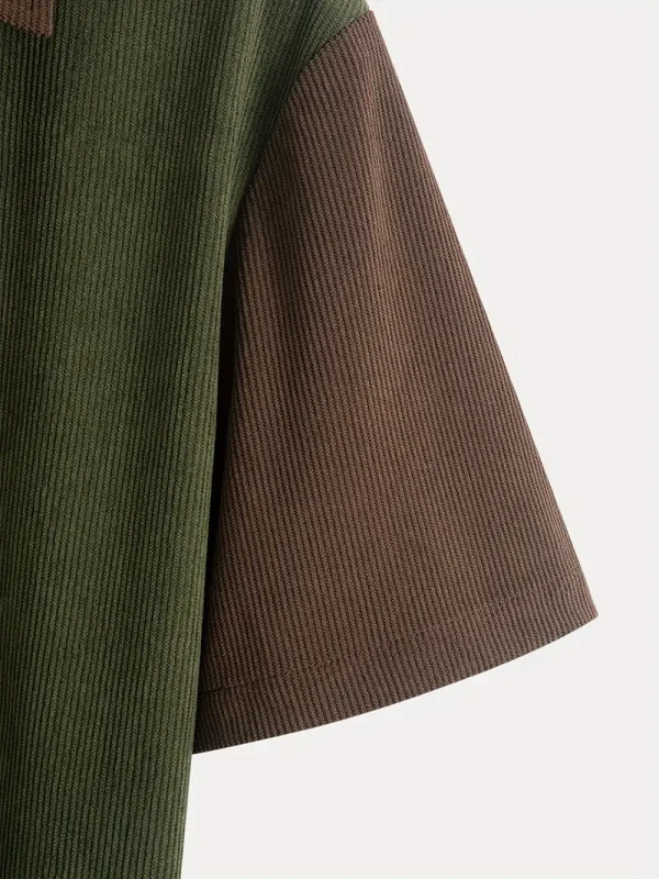 Corduroy-style color block t-shirt with retro design and soft textured fabric.