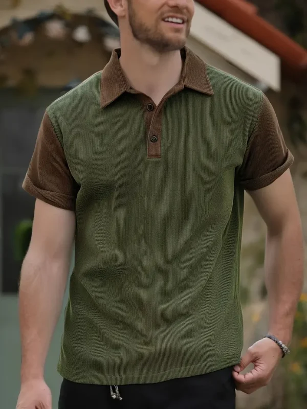 Corduroy-style color block t-shirt with retro design and soft textured fabric.