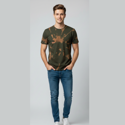 green and brown tie-dye t-shirt.